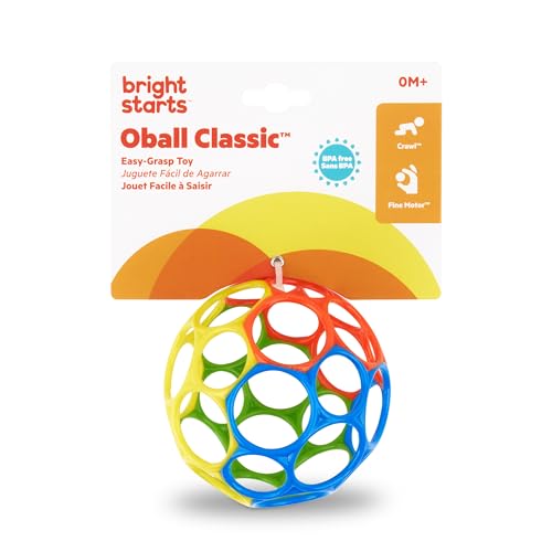 Bright Starts Oball Easy Grasp Classic Ball BPA-Free Infant Toy in Red, Yellow, Green, Blue, Age Newborn and up, 4 Inches